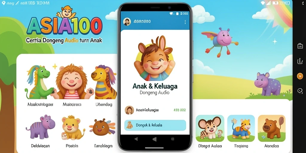 Tampilan antarmuka ASIA100 dengan berbagai pilihan cerita Dongeng Audio.